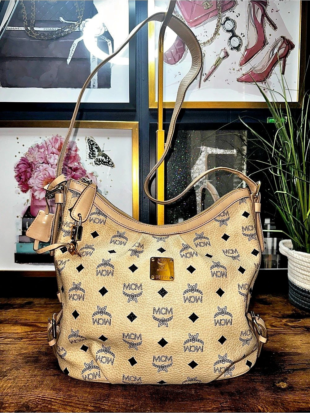 MCM Visetos Hobo Bag with Lock in Beige & Black